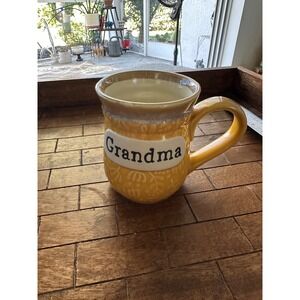 Cracker Barrel Grandma Coffee Mug Yellow Stoneware Floral Debossed 16oz Cup EUC